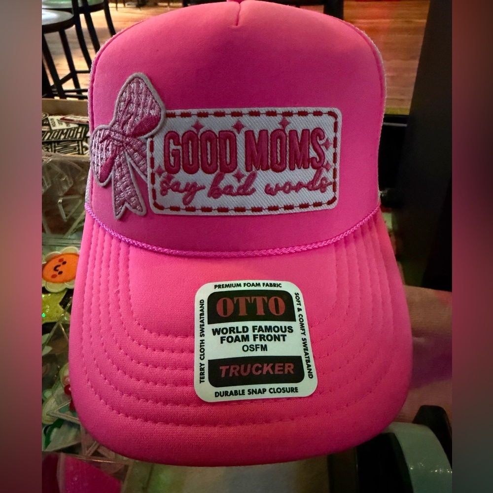 OTTO Bright Pink Trucker Hat with Good Moms Say Bad Words & Bow Patch - Picture 2 of 5